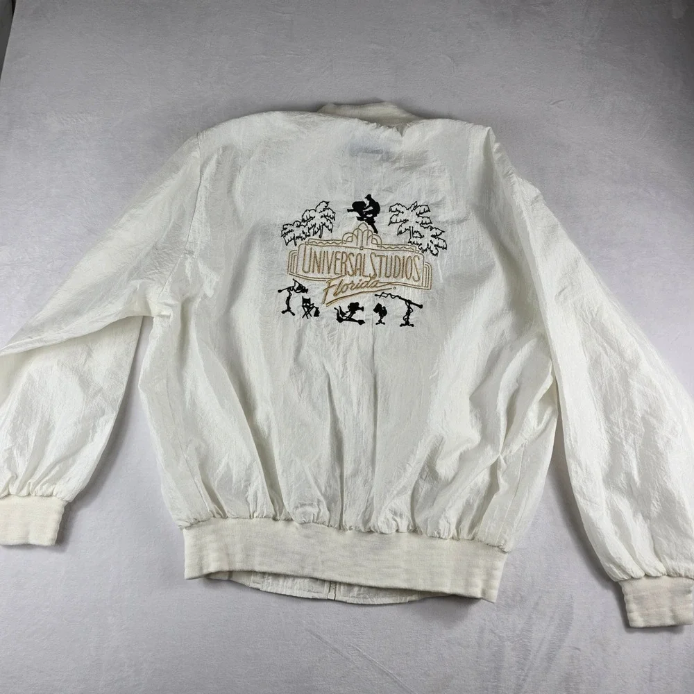 Vintage Universal Studios Florida White Bomber Jacket Large Made in USA Zip Up